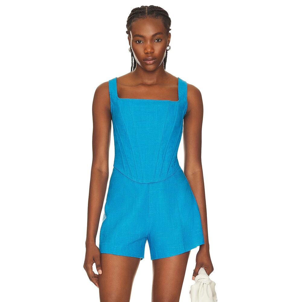 Aureta Studio Sophia Bustier Cropped Top Linen Blend Coastal Chic Summer Blue SM